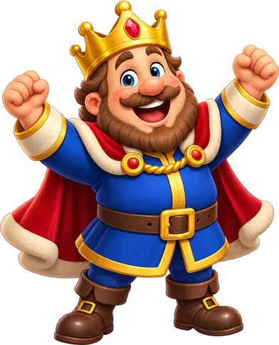 The king of Block Kingdom, cheering with both fists up.